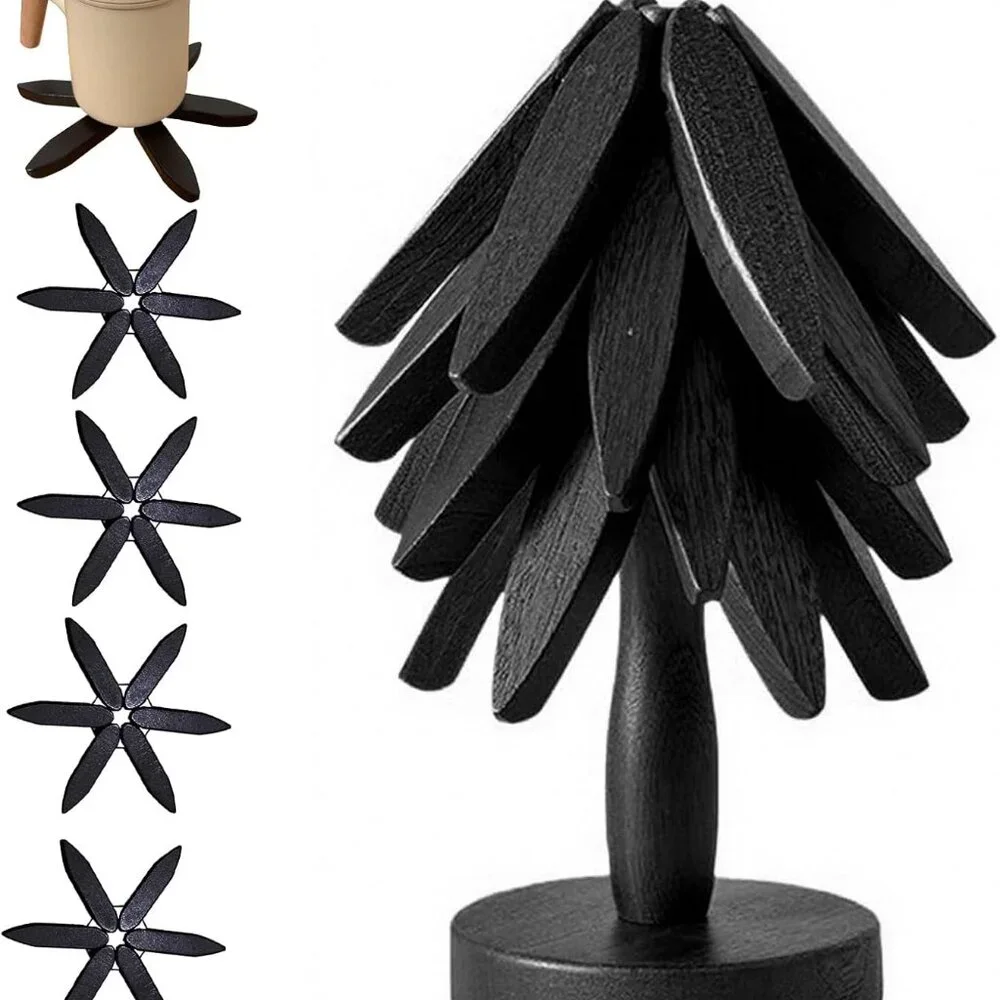 Wooden Trivets for Hot Dishes, Tree Shape Trivet Set, 4 Walnut Wood + 1 Stand st